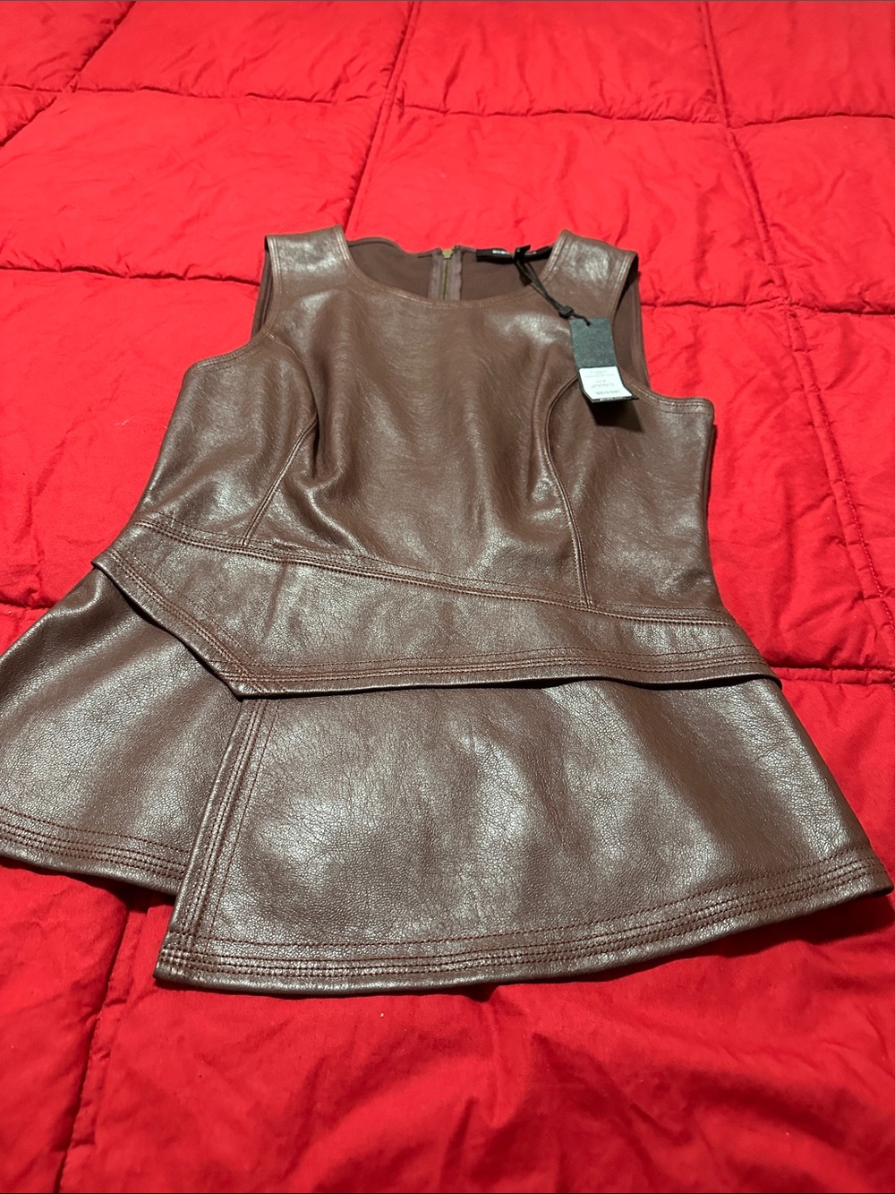 BCBG Maxazria Brown Faux  Leather peplum top   Size S NWT